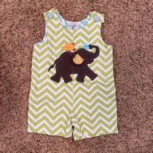 Mud Pie Green Chevron Romper with Elephant Appliqué